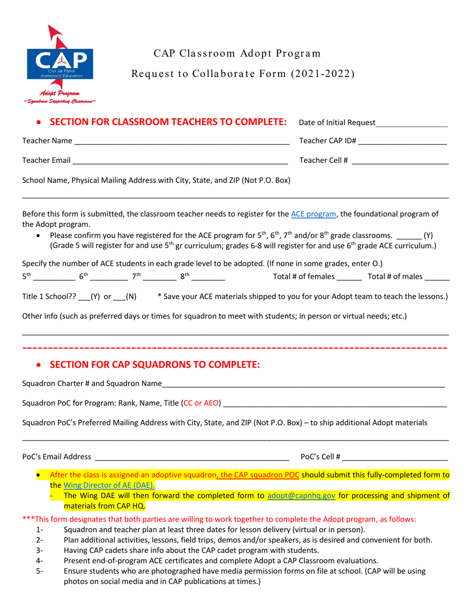 Request to Collaborate Form - CAP Classroom Adopt Program, Page 1