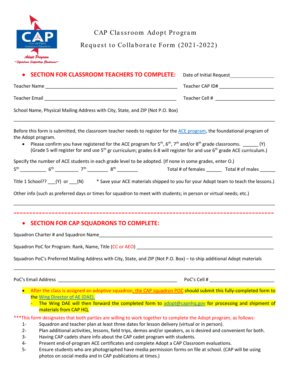 2022 Request to Collaborate Form CAP Classroom Adopt Program Fill Out, Sign Online and