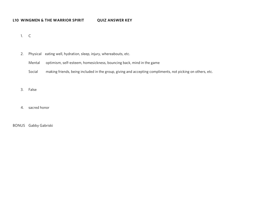 Wingmen  the Warrior Spirit Quiz  Key, Page 2