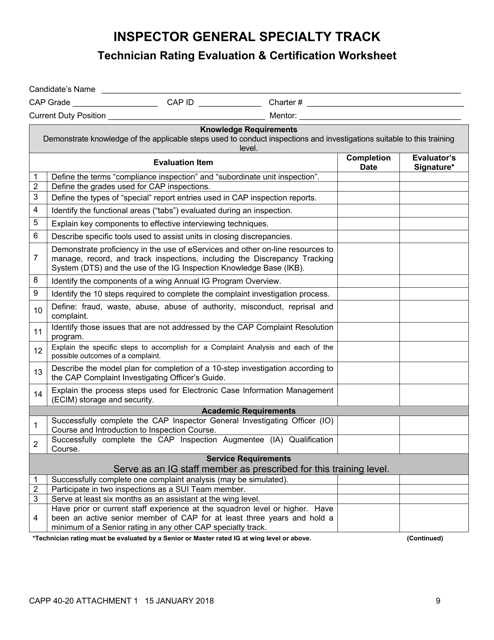 Form CAPP40-20 Attachment 1 Inspector General Specialty Track - Technician Rating Evaluation & Certification Worksheet