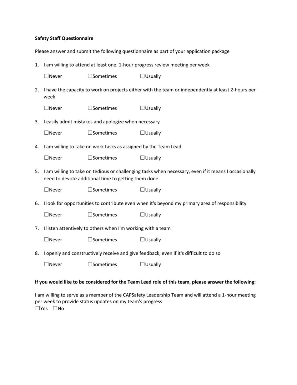 Safety Staff Questionnaire, Page 1