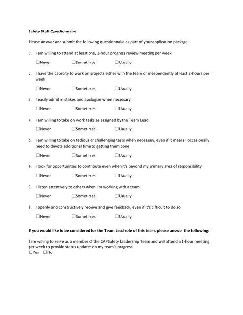 Safety Staff Questionnaire