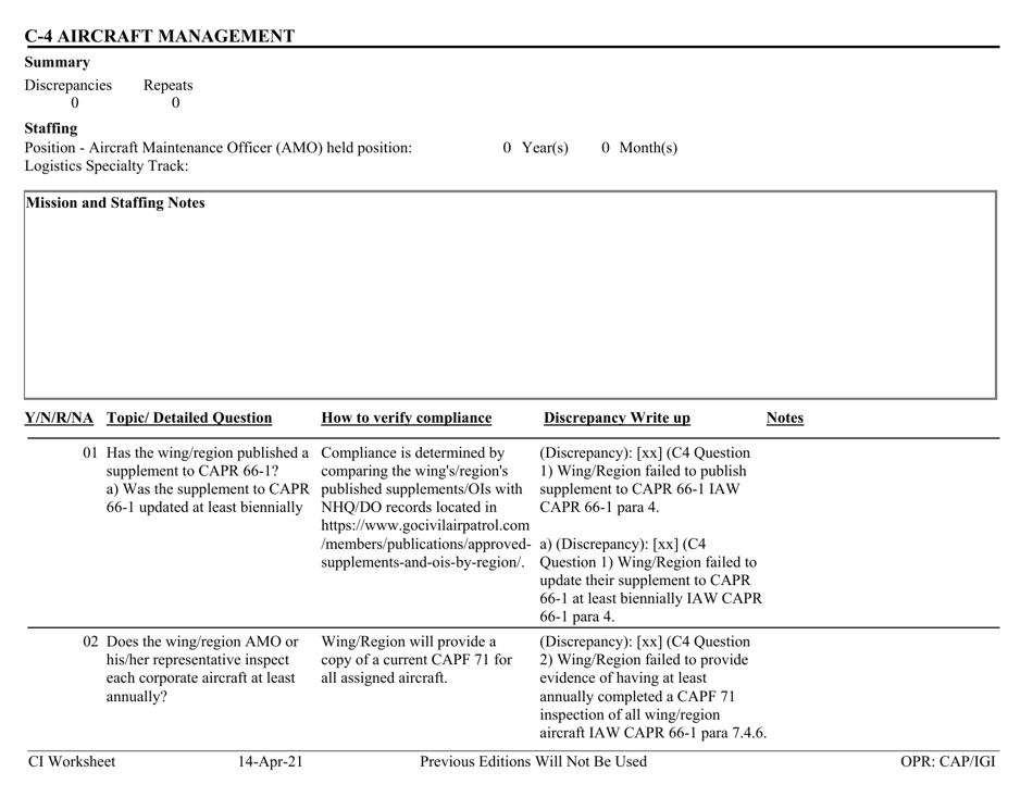 Form C-4 Ci Worksheet - Aircraft Management, Page 1