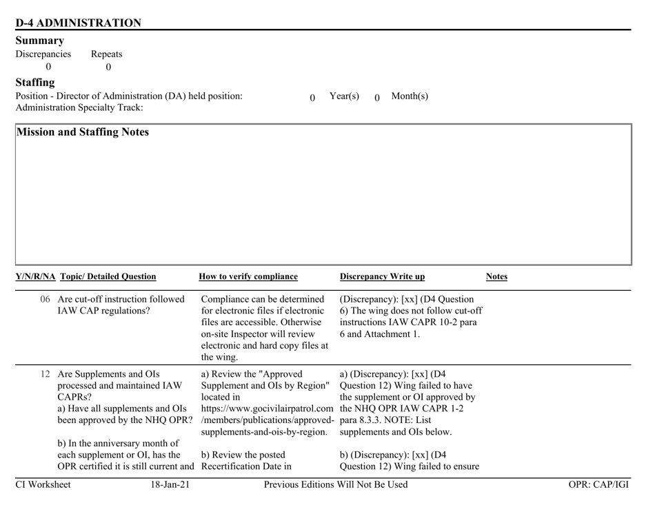 Form D-4 Ci Worksheet - Administration, Page 1