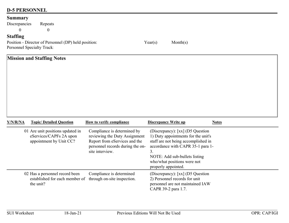 Form D-5 Sui Worksheet - Personnel, Page 1