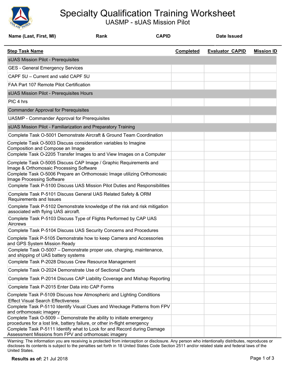 Specialty Qualification Training Worksheet. Uasmp - Suas Mission Pilot, Page 1
