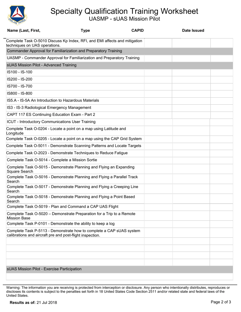 Specialty Qualification Training Worksheet. Uasmp - Suas Mission Pilot ...