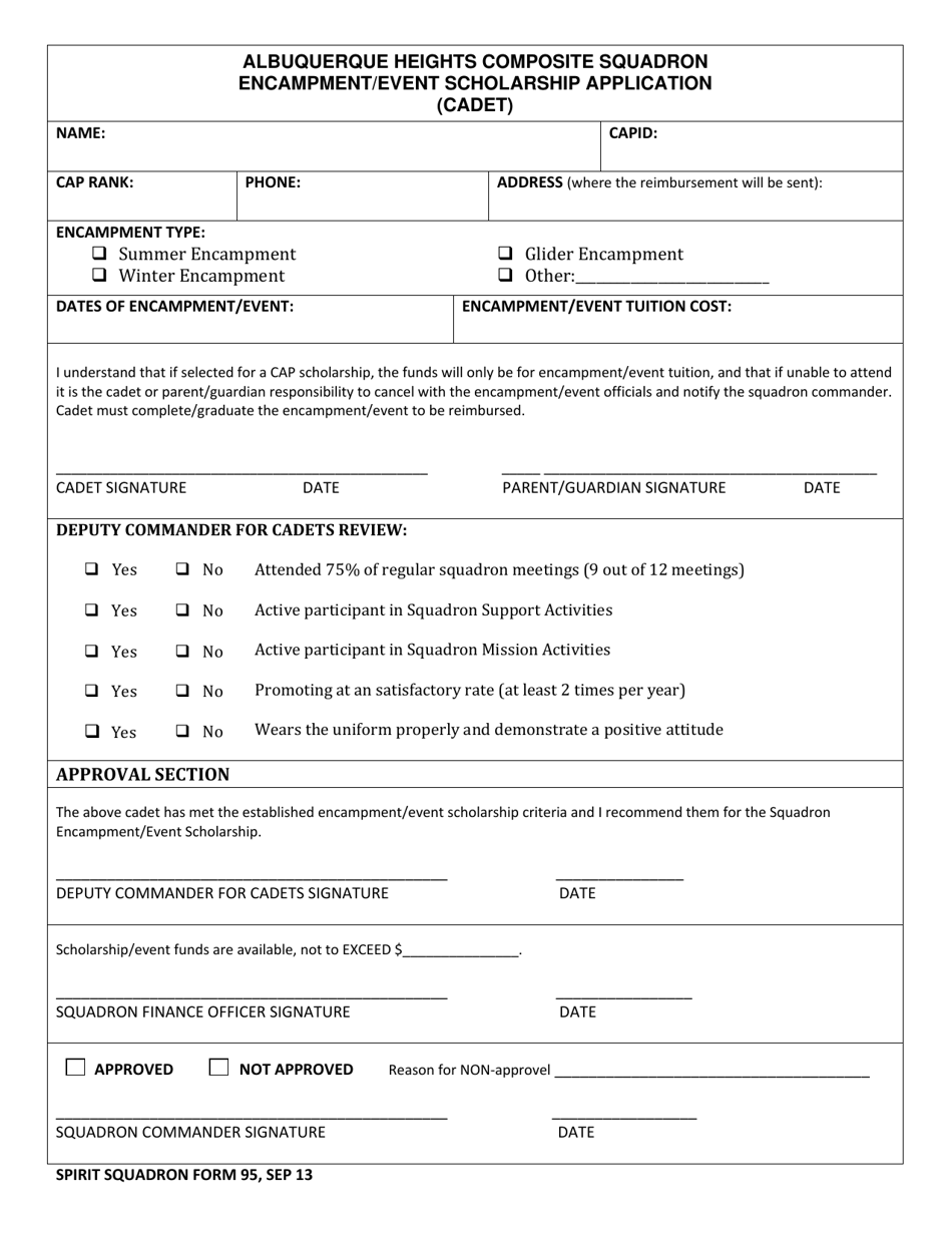 Form 95 Albuquerque Heights Composite Squadron Encampment / Event Scholarship Application (Cadet) - Sample, Page 1