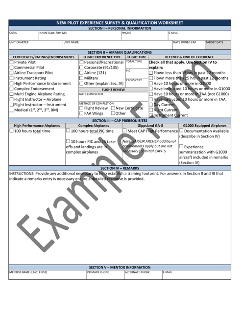 New Pilot Experience Survey & Qualification Worksheet - Example Download Pdf