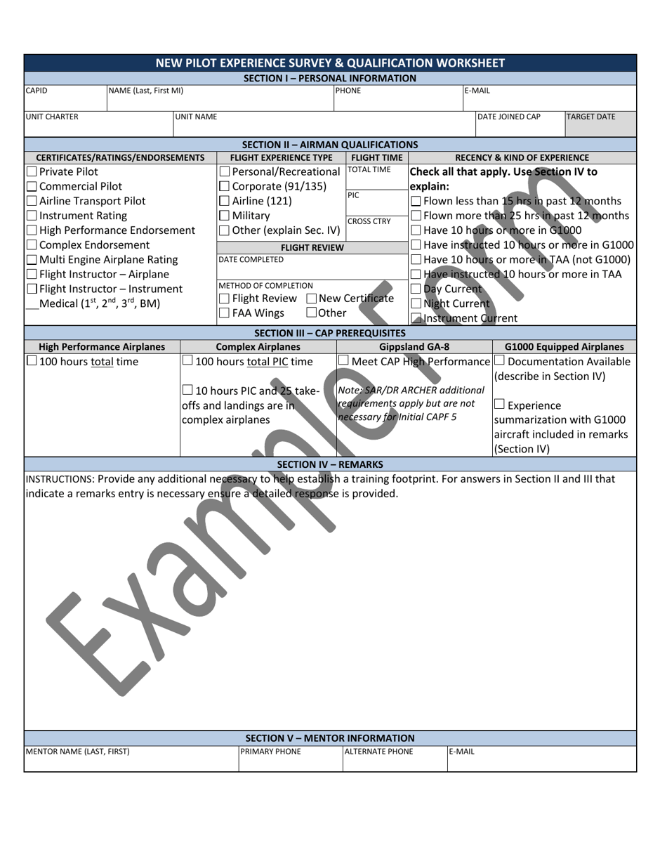 New Pilot Experience Survey  Qualification Worksheet - Example, Page 1