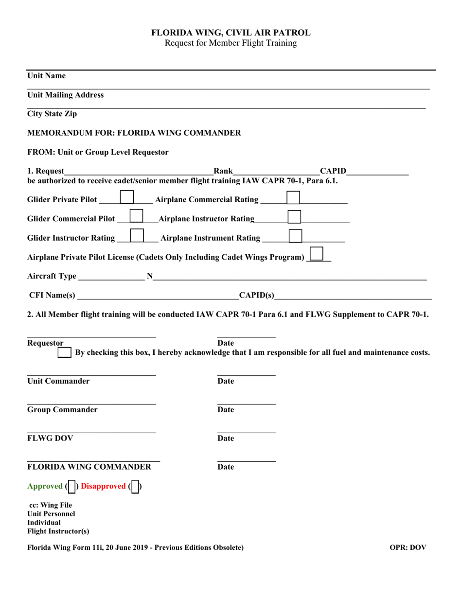 FLWGF Form 11I Request for Member Flight Training, Page 1