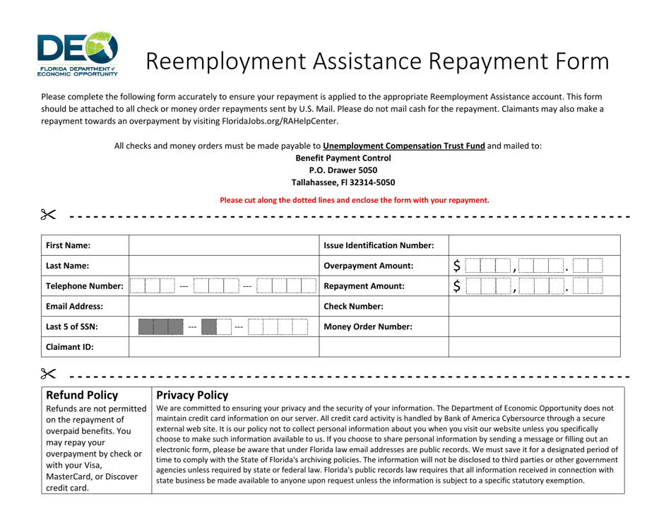 Reemployment Assistance Repayment Form - Florida, Page 1