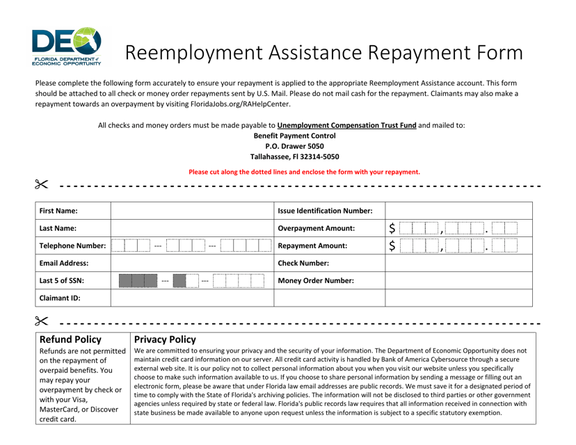 Reemployment Assistance Repayment Form - Florida