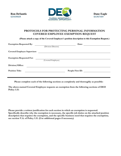 Protocols for Protecting Personal Information Covered Employee Exemption Request - Florida Download Pdf