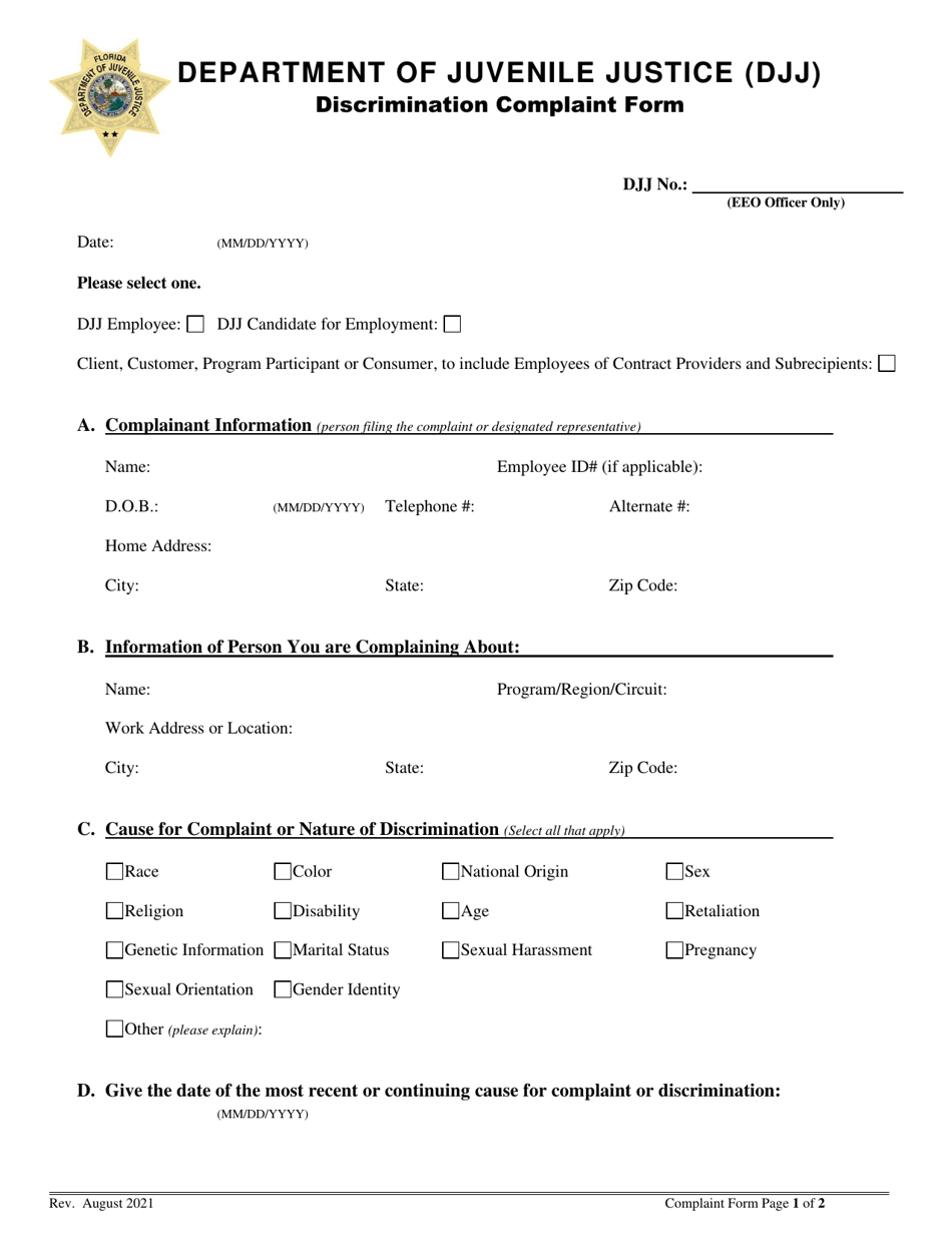 Discrimination Complaint Form - Florida, Page 1