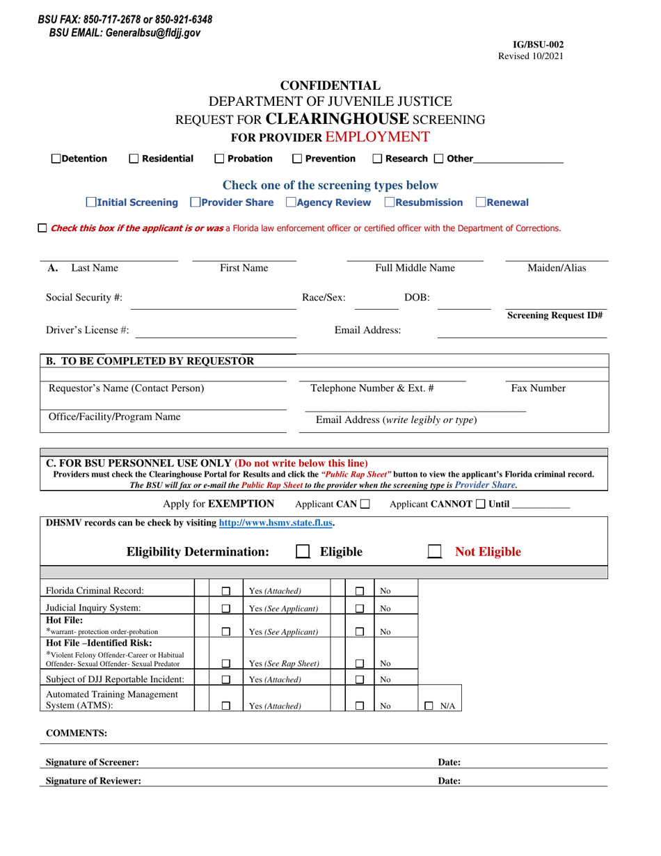 Form IG / BSU-002 Request for Clearinghouse Screening for Provider Employment - Florida, Page 1