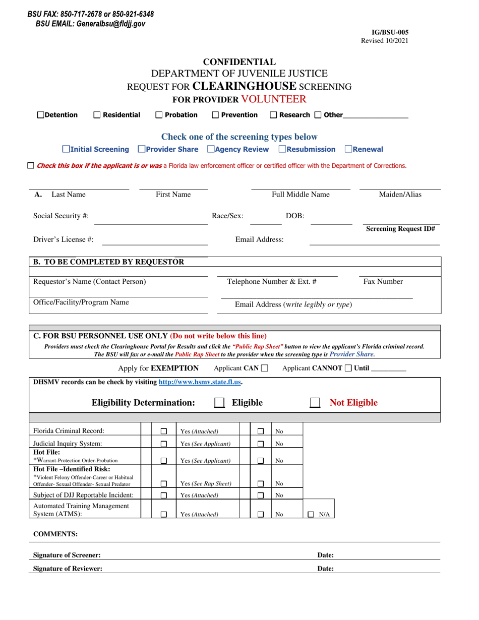 Form IG / BSU-005 Request for Clearinghouse Screening for Provider Volunteer - Florida, Page 1
