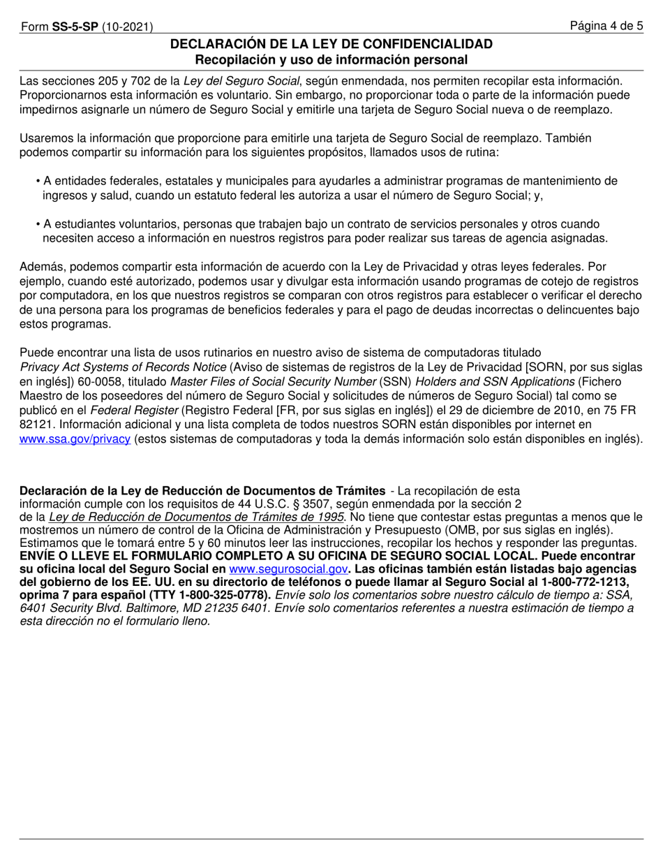 Formulario SS-5-SP Solicitud Para Una Tarjeta De Seguro Social (Spanish), Page 4