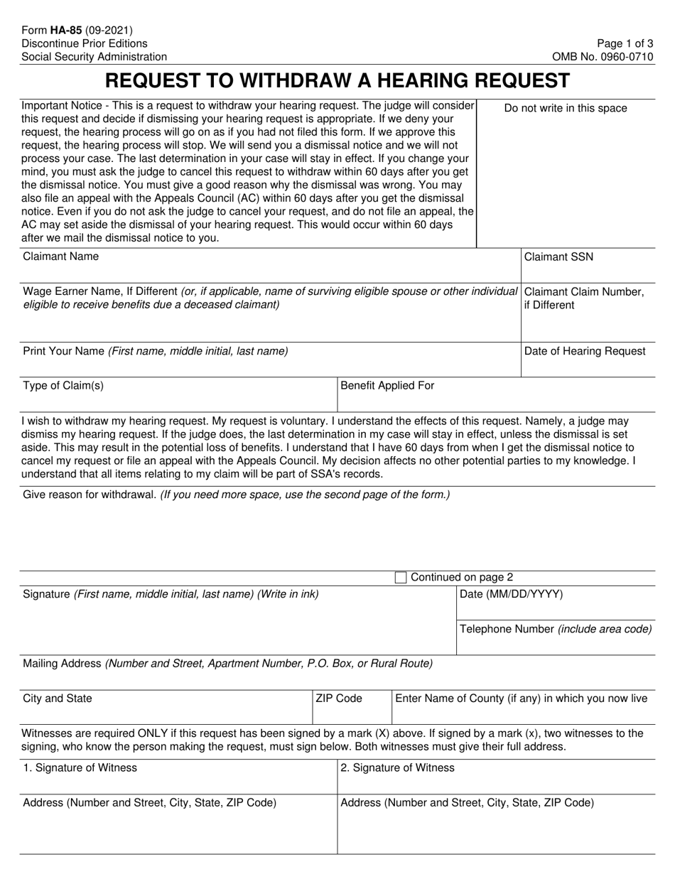 Form HA-85 Request to Withdraw a Hearing Request, Page 1