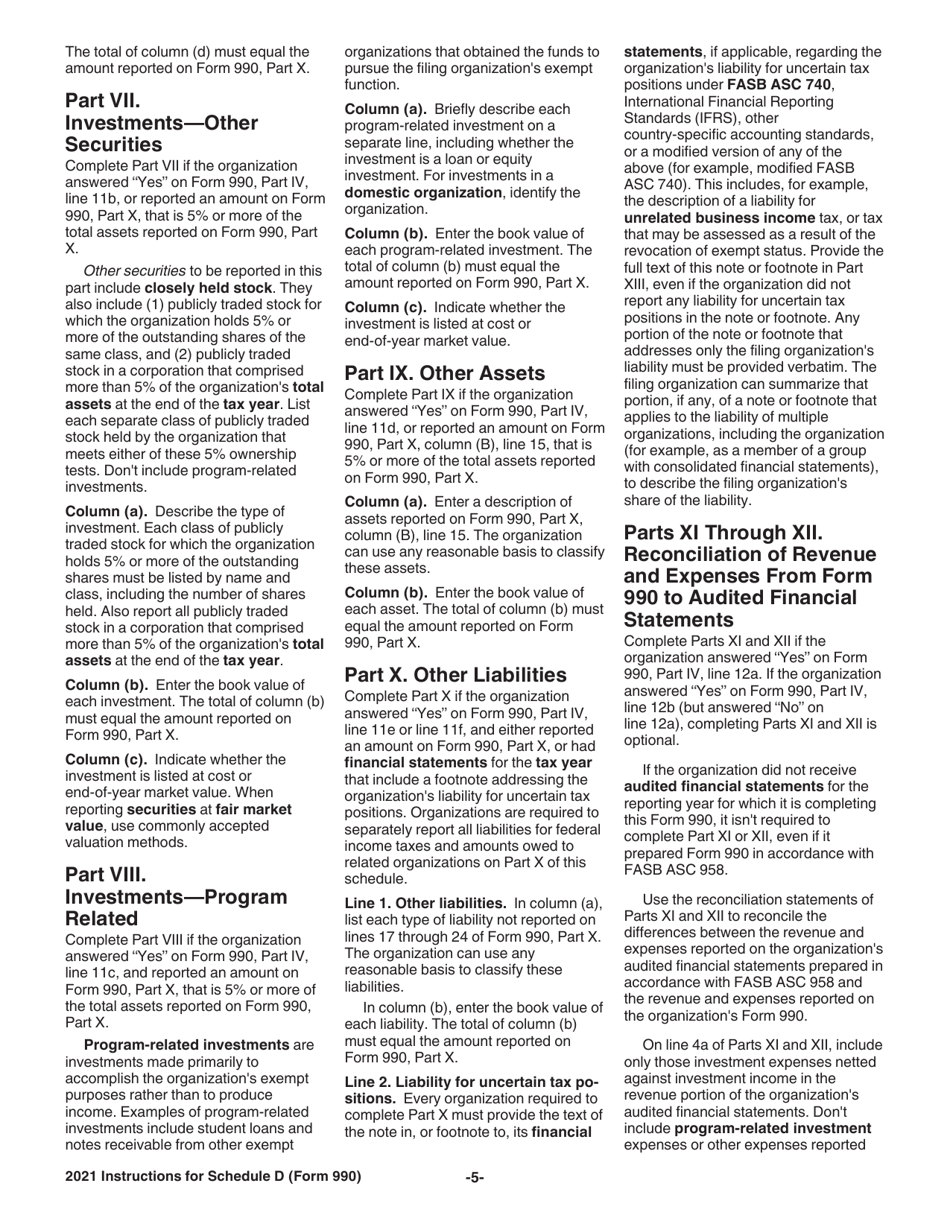 Instructions for IRS Form 990 Schedule D Supplemental Financial Statements, Page 5