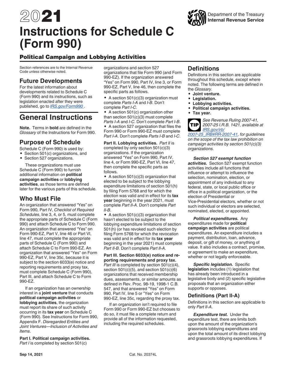 Instructions for IRS Form 990 Schedule C Political Campaign and Lobbying Activities, Page 1