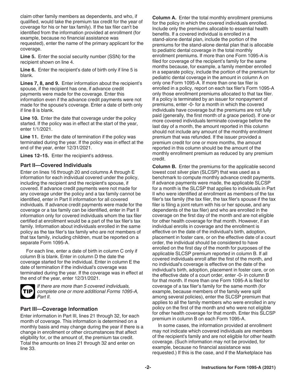 Instructions for IRS Form 1095-A Health Insurance Marketplace Statement, Page 2
