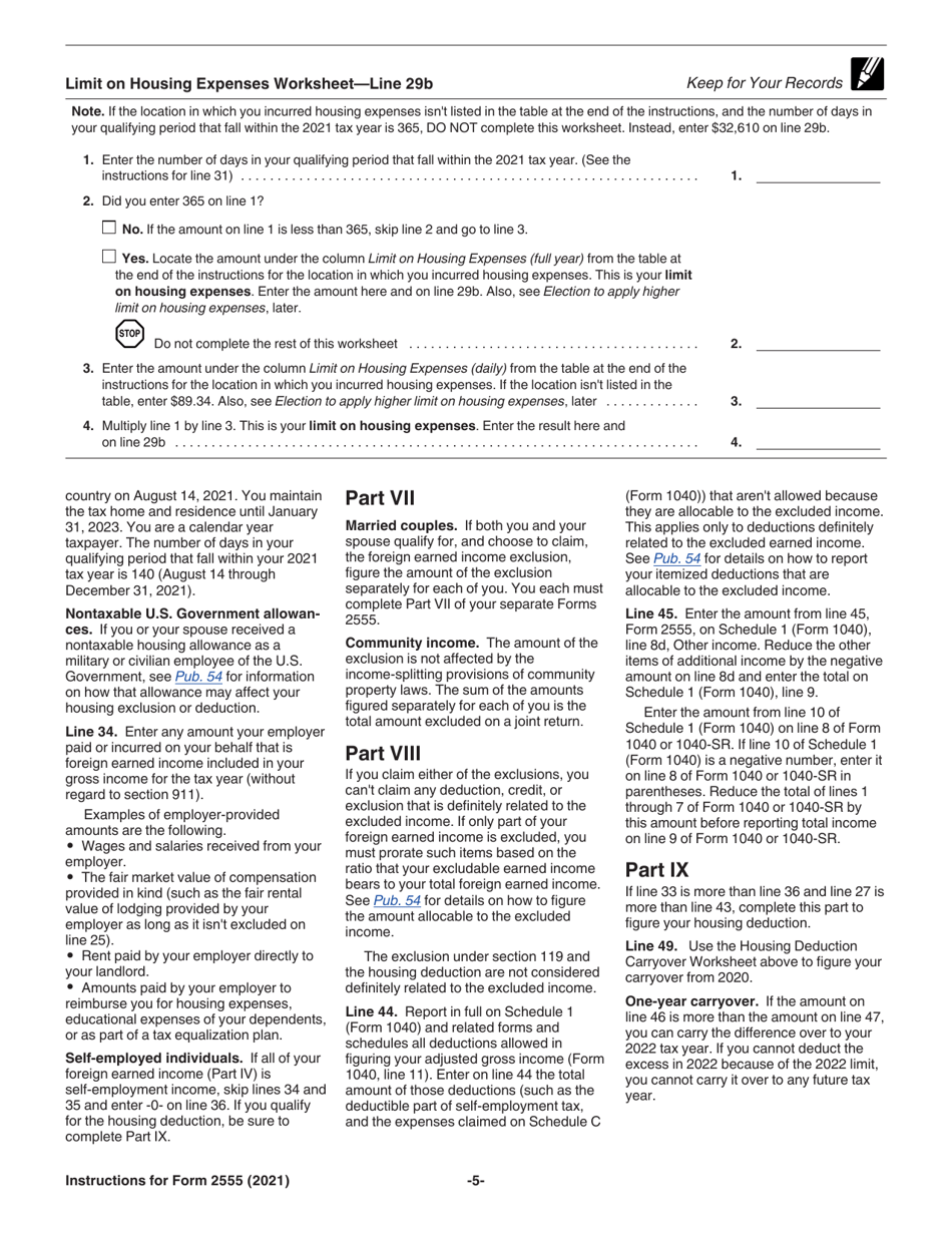 Instructions for IRS Form 2555 Foreign Earned Income, Page 5