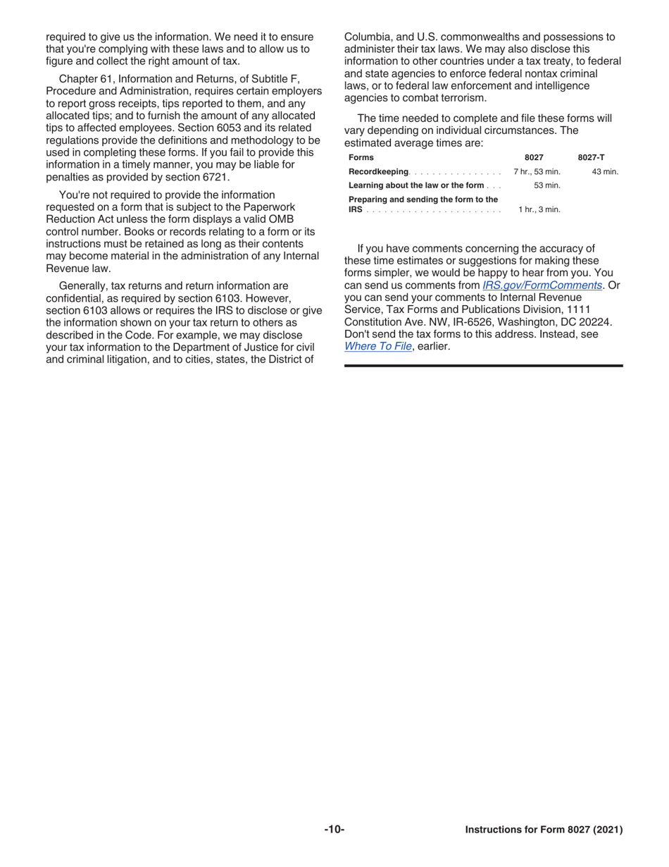 Instructions for IRS Form 8027 Employers Annual Information Return of Tip Income and Allocated Tips, Page 10