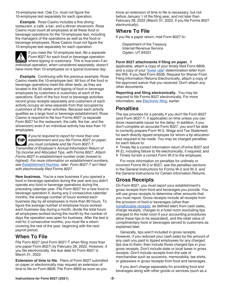 Instructions for IRS Form 8027 Employers Annual Information Return of Tip Income and Allocated Tips, Page 3