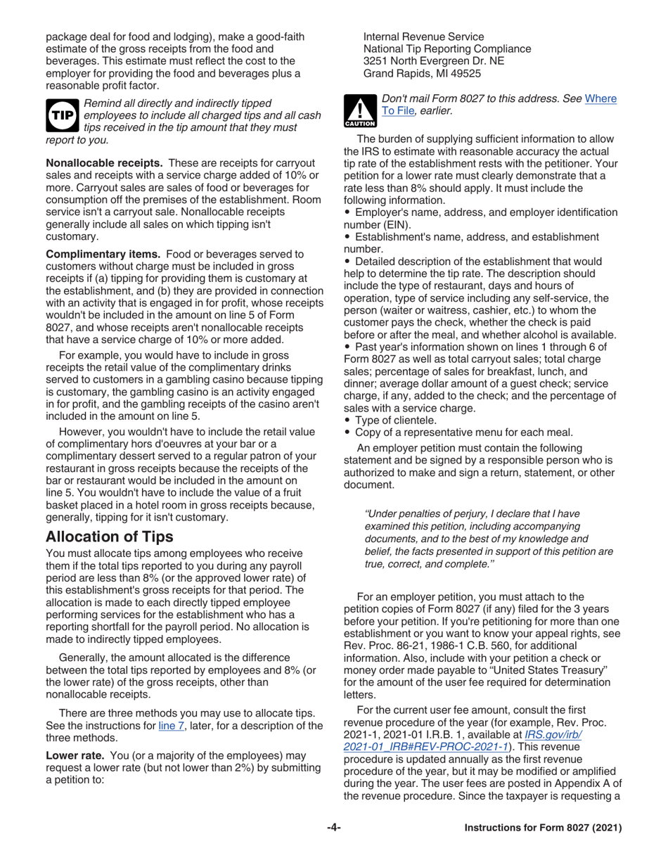 Instructions for IRS Form 8027 Employers Annual Information Return of Tip Income and Allocated Tips, Page 4