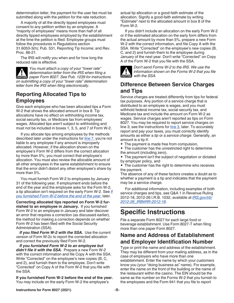 Instructions for IRS Form 8027 Employers Annual Information Return of Tip Income and Allocated Tips, Page 5