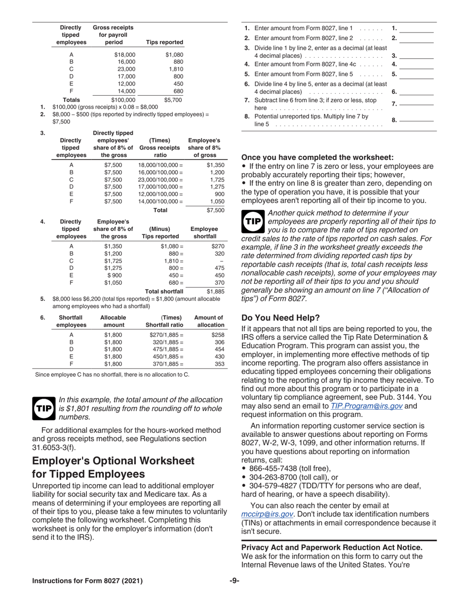 Instructions for IRS Form 8027 Employers Annual Information Return of Tip Income and Allocated Tips, Page 9
