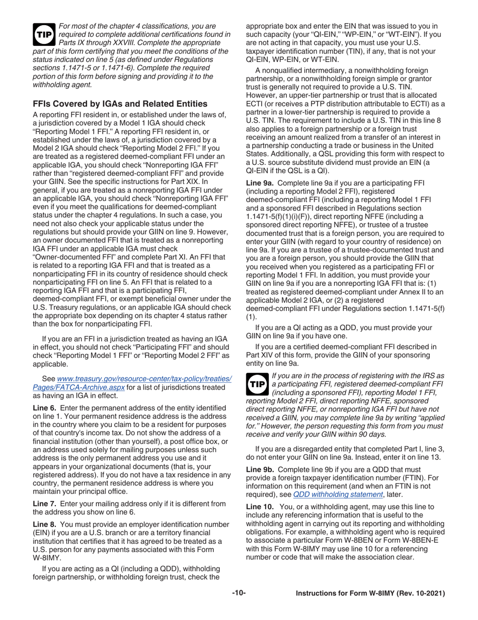 Instructions for IRS Form W-8IMY Certificate of Foreign Intermediary, Foreign Flow-Through Entity, or Certain U.S. Branches for United States Tax Withholding and Reporting, Page 10