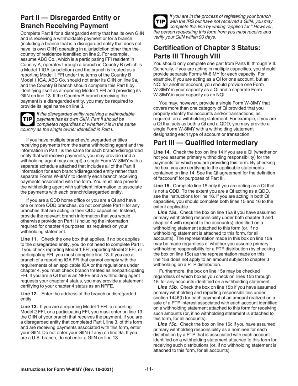 Instructions for IRS Form W-8IMY Certificate of Foreign Intermediary, Foreign Flow-Through Entity, or Certain U.S. Branches for United States Tax Withholding and Reporting, Page 11