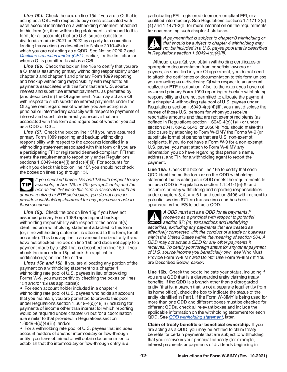 Instructions for IRS Form W-8IMY Certificate of Foreign Intermediary, Foreign Flow-Through Entity, or Certain U.S. Branches for United States Tax Withholding and Reporting, Page 12