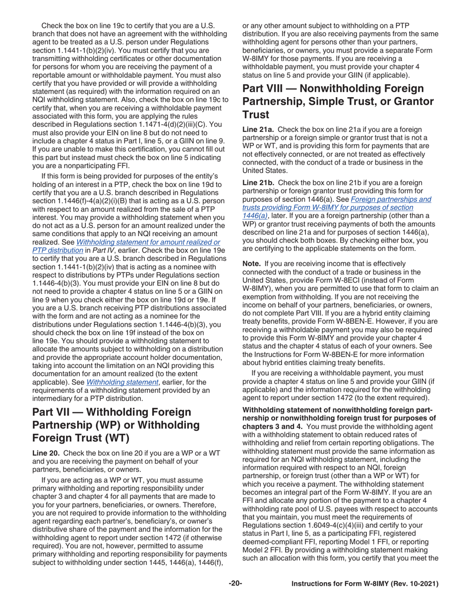 Instructions for IRS Form W-8IMY Certificate of Foreign Intermediary, Foreign Flow-Through Entity, or Certain U.S. Branches for United States Tax Withholding and Reporting, Page 20