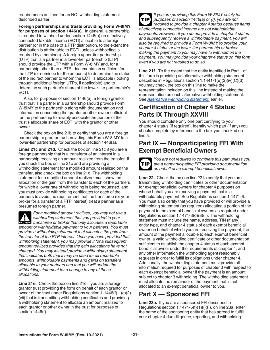 Instructions for IRS Form W-8IMY Certificate of Foreign Intermediary, Foreign Flow-Through Entity, or Certain U.S. Branches for United States Tax Withholding and Reporting, Page 21