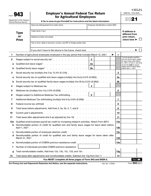 IRS Form 943 2021 Printable Pdf