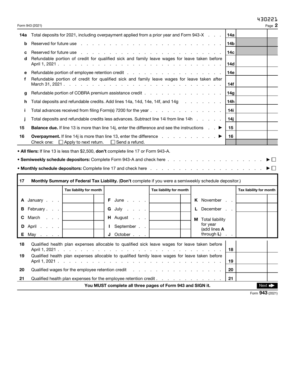 IRS Form 943 - 2021 - Fill Out, Sign Online and Download Fillable PDF ...