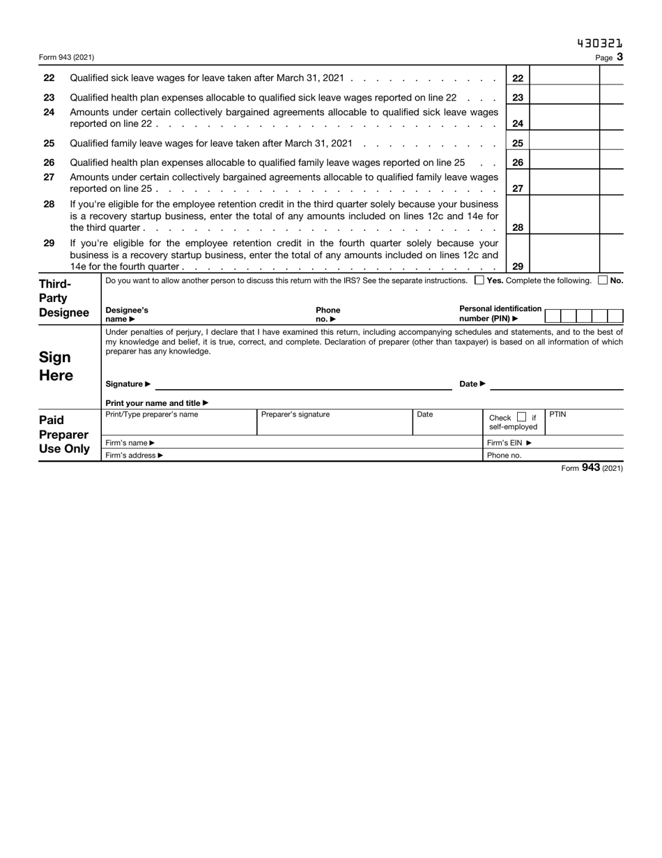 IRS Form 943 Employers Annual Federal Tax Return for Agricultural Employees, Page 3