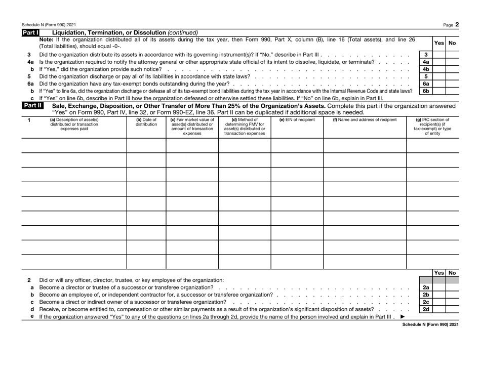 IRS Form 990 Schedule N Liquidation, Termination, Dissolution, or Significant Disposition of Assets, Page 2