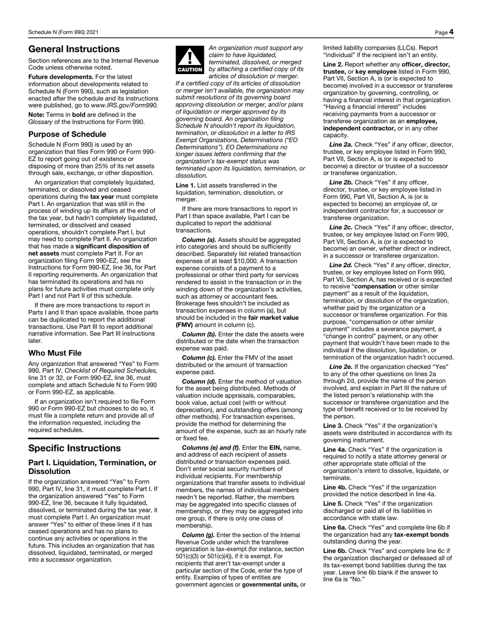 IRS Form 990 Schedule N Liquidation, Termination, Dissolution, or Significant Disposition of Assets, Page 4