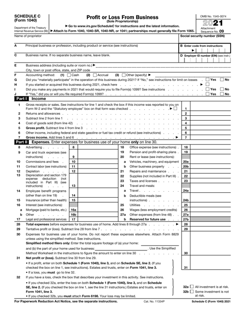 IRS Form 1040 Schedule C 2021 Printable Pdf