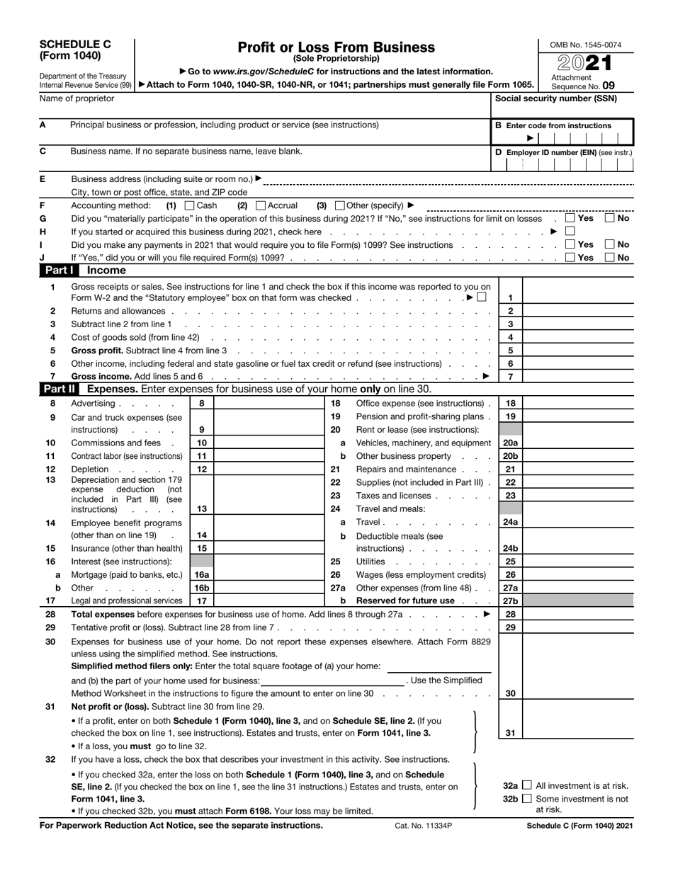 IRS Form 1040 Schedule C Profit or Loss From Business (Sole Proprietorship), Page 1