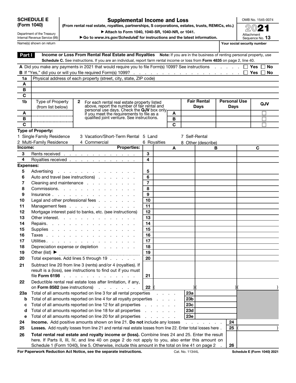 IRS Form 1040 Schedule E Supplemental Income and Loss, Page 1