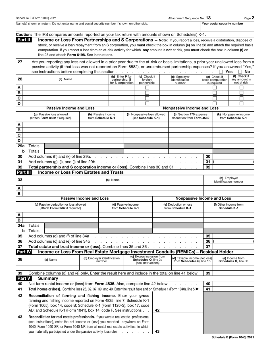 IRS Form 1040 Schedule E Download Fillable PDF or Fill Online ...