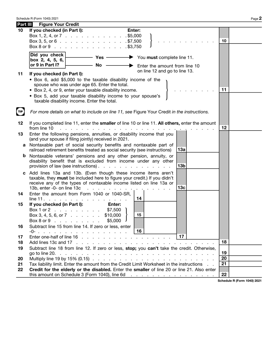 IRS Form 1040 Schedule R Credit for the Elderly or the Disabled, Page 2