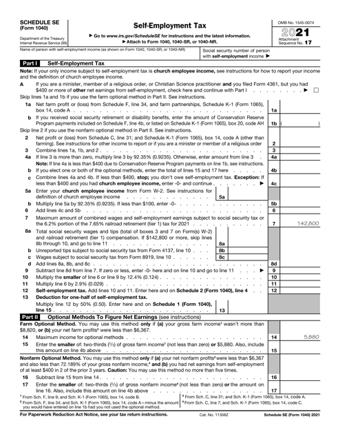 IRS Form 1040 Schedule SE 2021 Printable Pdf
