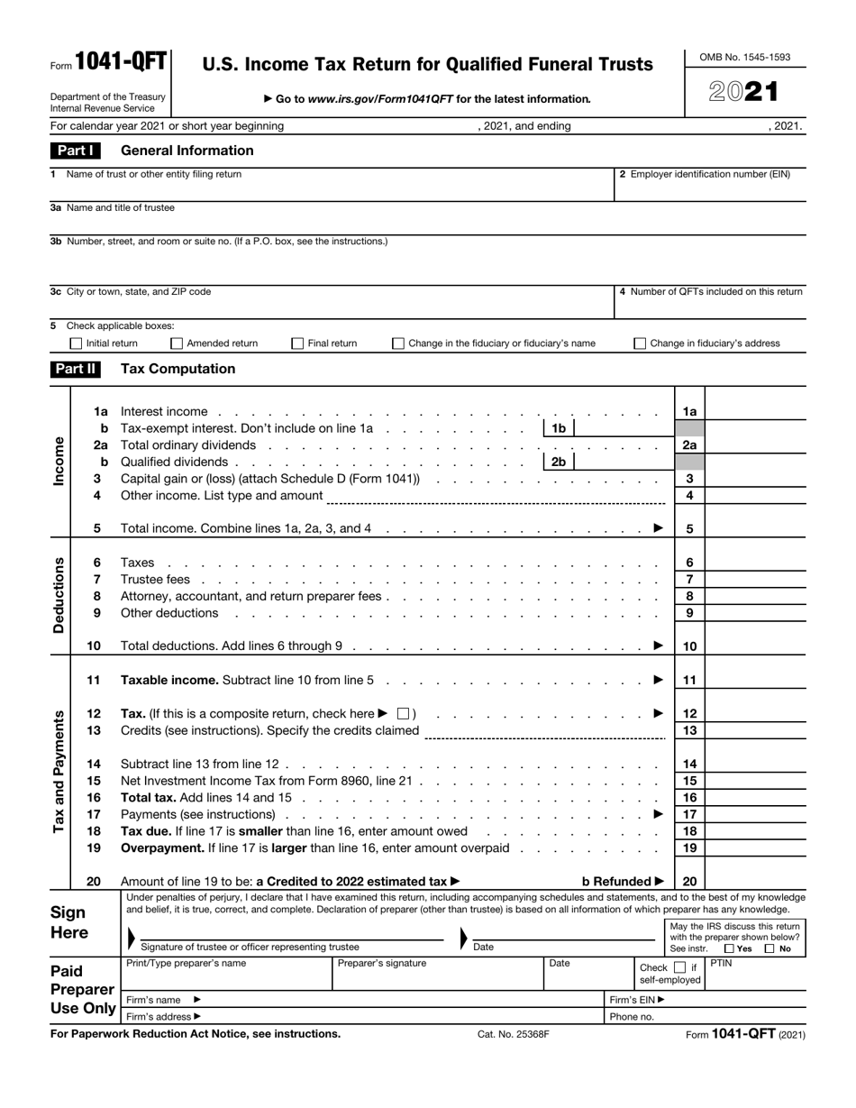 IRS Form 1041-QFT Download Fillable PDF or Fill Online U.S. Income Tax  Return for Qualified Funeral Trusts - 2021 | Templateroller