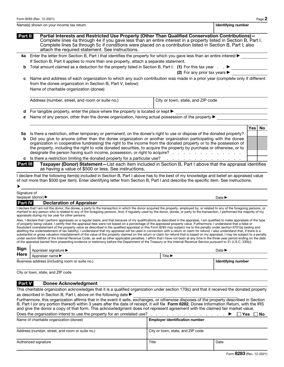 Irs Form 8283 Download Fillable Pdf Or Fill Online Noncash Charitable